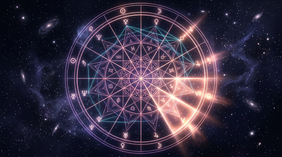 Natal chart wheel with current planetary positions overlaid in a concentric ring with the 5th and 7th houses glowing