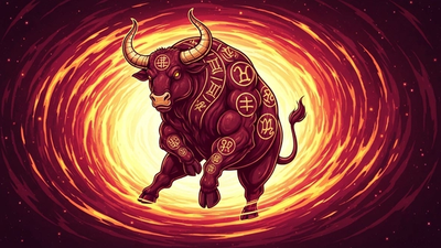 1997 год кого по восточному гороскопу - Огненный Бык на фоне космического пламени и символов зодиака