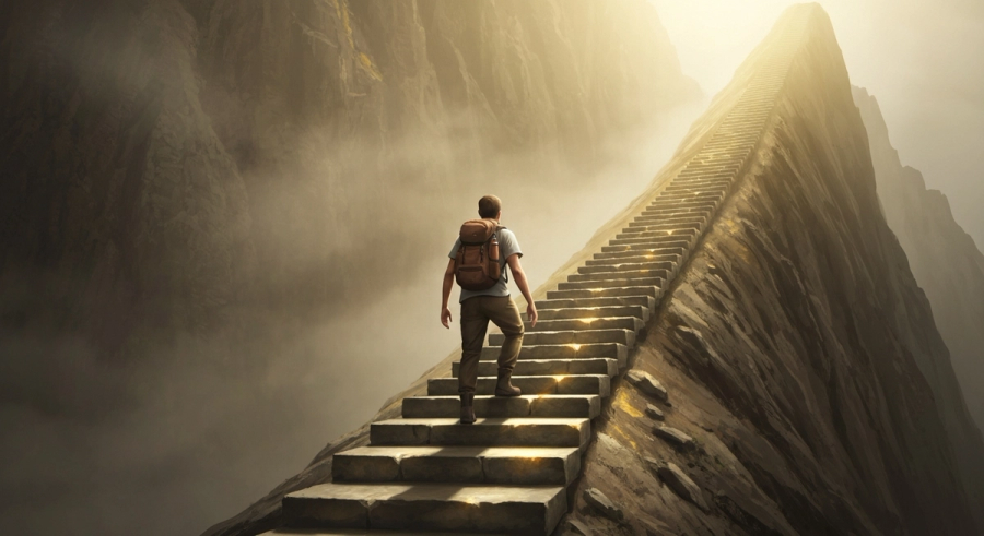 Человек поднимается по каменным ступеням к свету - отработка кармического долга