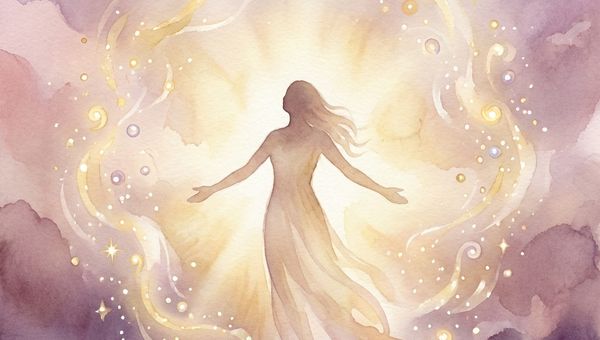 Фигура в золотистом свете со сияющими частицами вокруг, символ пробуждения энергии притяжения