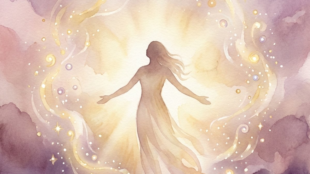 Фигура в золотистом свете со сияющими частицами вокруг, символ пробуждения энергии притяжения