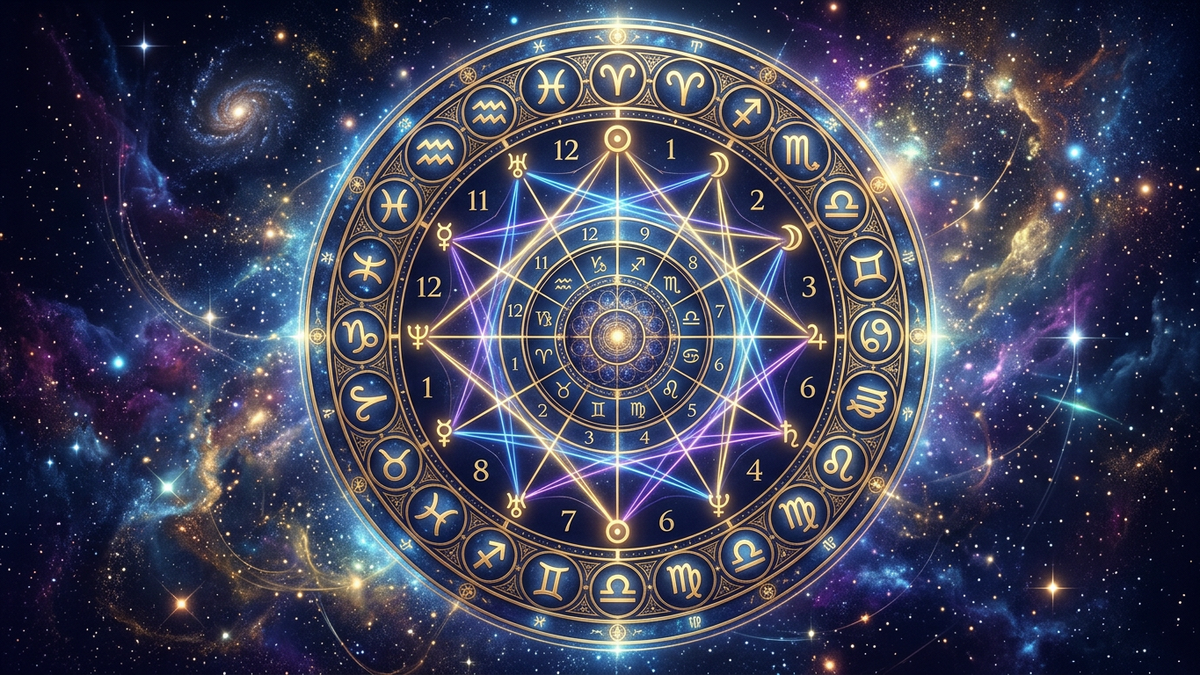 Free birth chart interpretation - circular natal chart with zodiac signs and planetary aspects in cosmic space