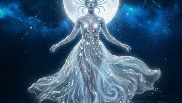 Cancer woman personality illustration with Moon and crab constellation in deep blue and silver cosmic ocean setting