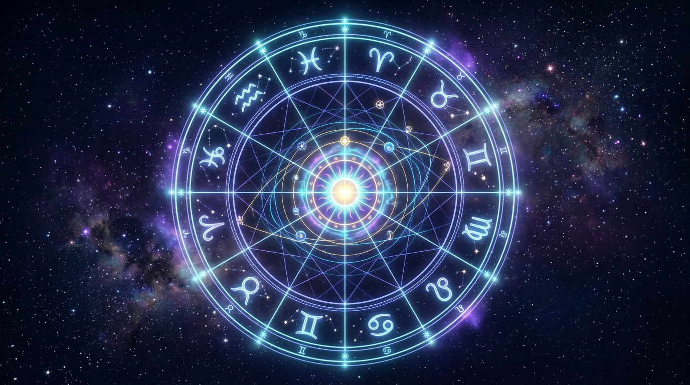 Glowing circular astrology wheel with 12 segments houses planetary orbits and aspect lines against a deep cosmic background