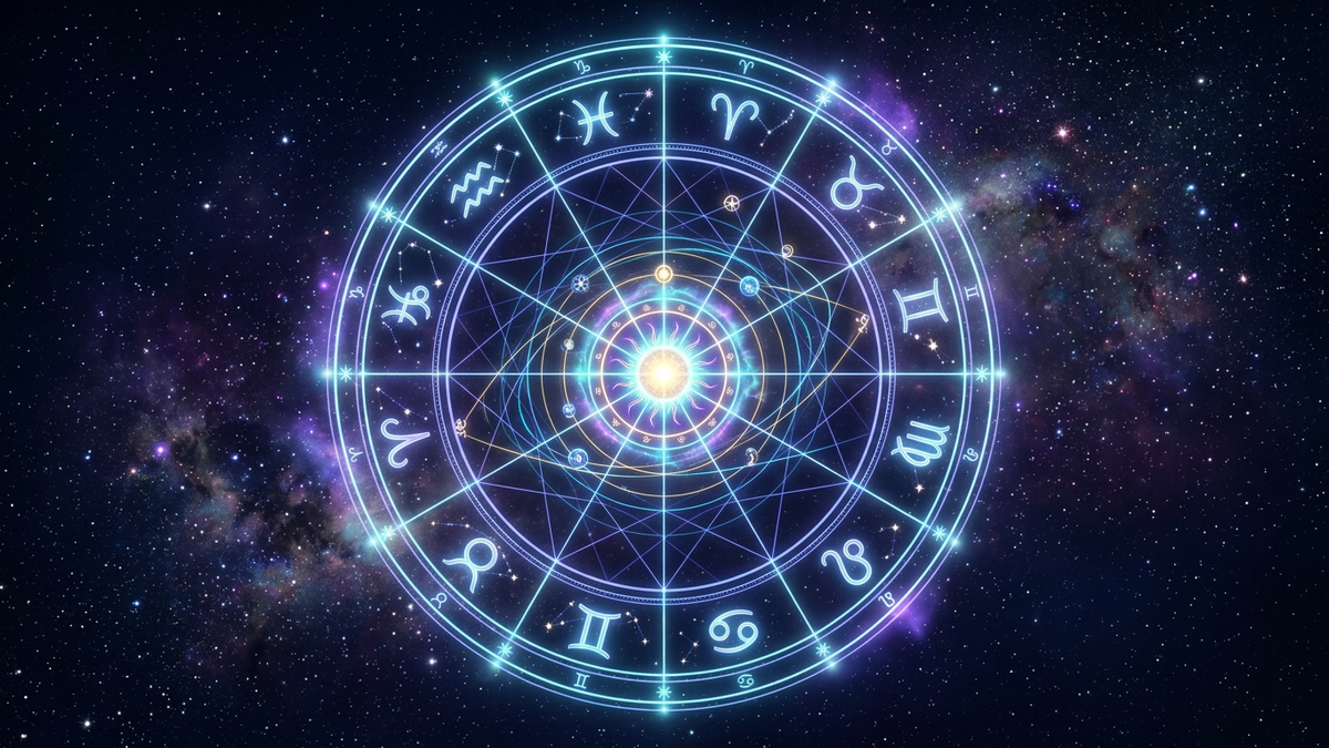 Glowing circular astrology wheel with 12 segments houses planetary orbits and aspect lines against a deep cosmic background