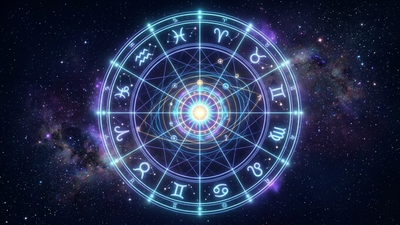 Glowing circular astrology wheel with 12 segments houses planetary orbits and aspect lines against a deep cosmic background