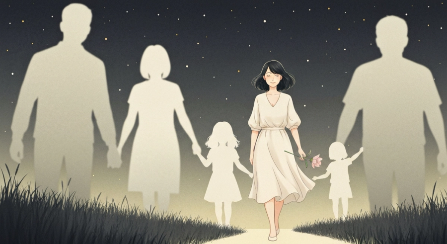 A calm woman walking her own path away from marriage pressure silhouettes