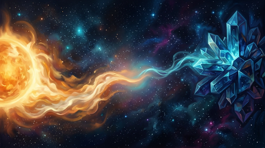 Warm solar fire reaching across space toward a cool crystalline earth form, symbolizing Leo warmth meeting Capricorn reserve