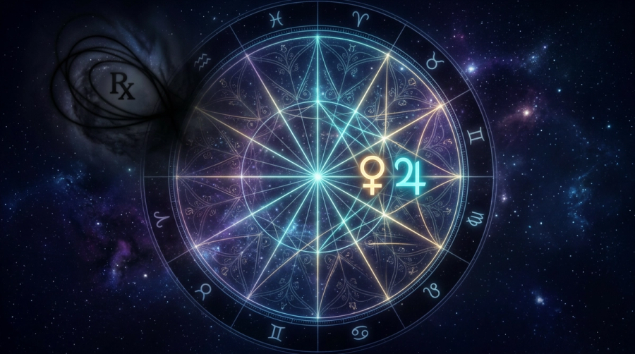 Electional wedding chart wheel with Venus and Jupiter glowing while a retrograde planet fades at the edge