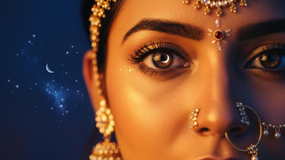 Right eye twitching for female astrology meaning - woman with cosmic stars and moon reflected in eye