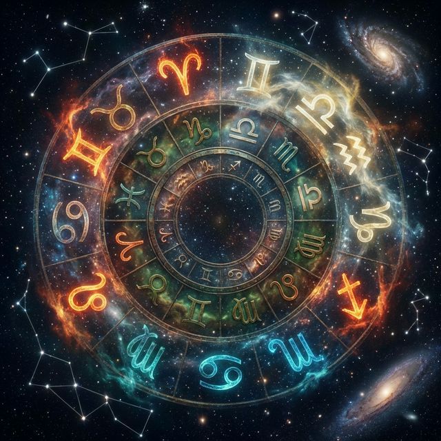 Wheel of the zodiac showing all 12 zodiac signs in cosmic circle with elements and seasonal markers in deep purple and gold