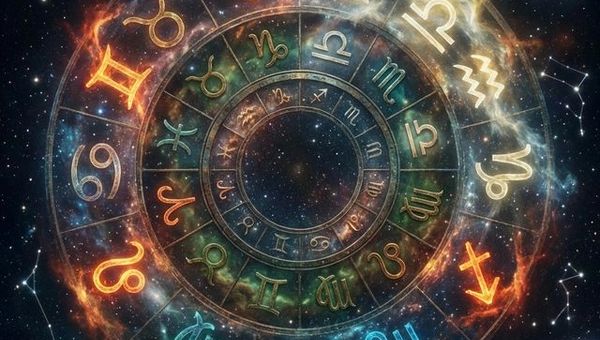 Wheel of the zodiac showing all 12 zodiac signs in cosmic circle with elements and seasonal markers in deep purple and gold