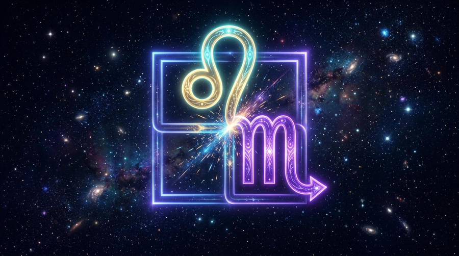 Leo and Scorpio glyphs interlocked at ninety degrees in cosmic light showing the fixed square aspect between them