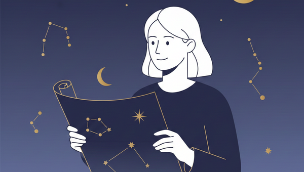 Человек изучает звёздную карту на фоне ночного неба с планетами и созвездиями