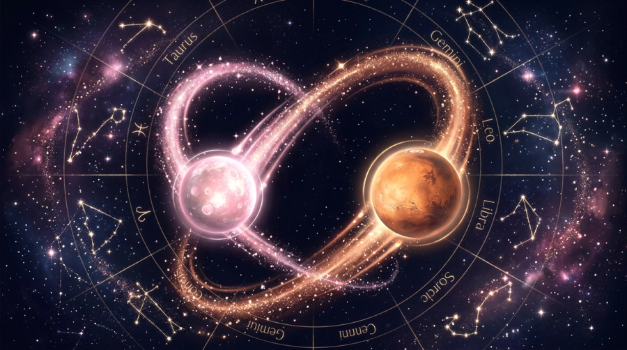 Couple silhouetted against night sky with 7th house and zodiac constellations highlighted