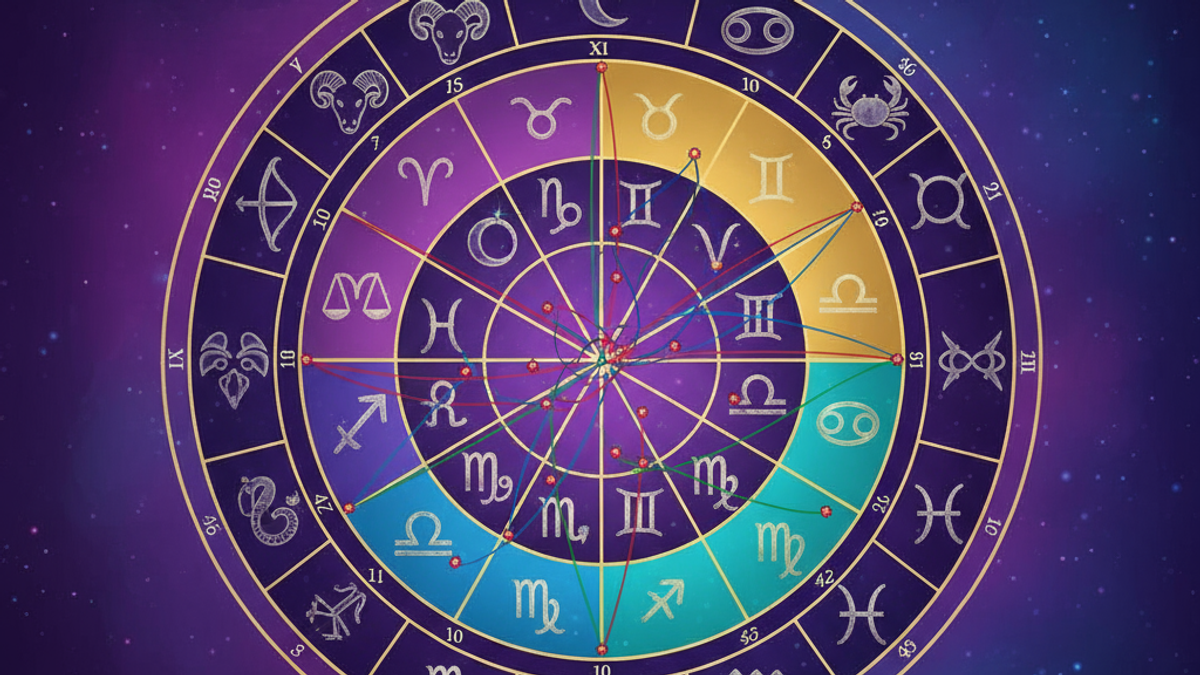 Detailed astrological birth chart wheel showing planetary positions, zodiac signs, and houses with interpretation tables