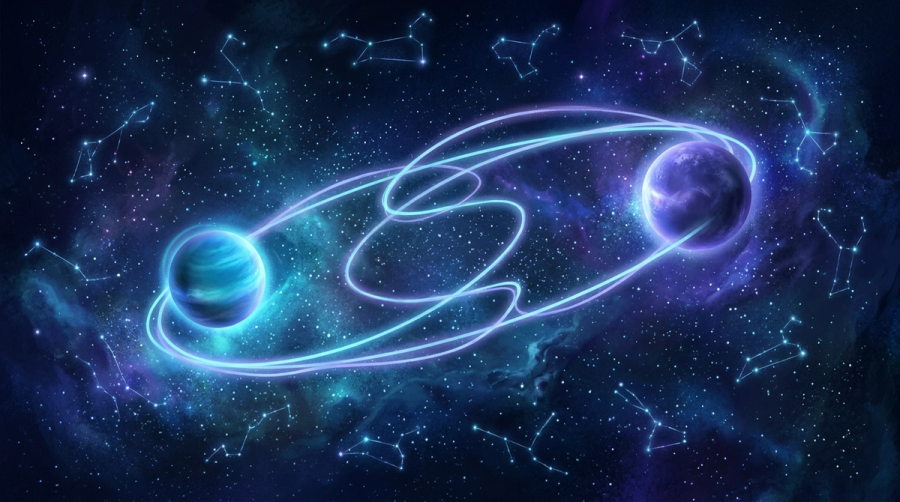 Eccentric celestial orbit weaving between two ringed worlds and twelve faint constellations representing Chiron's path through the zodiac