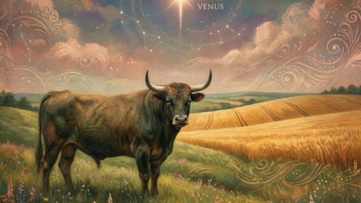 Taurus zodiac symbol illustration showing a majestic bull on fertile earth with Venus in the sky, representing the fixed earth sign's connection to stability and beauty