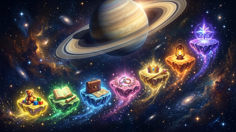 Seven life milestone stepping stones floating in cosmic space with Saturn overhead representing key ages
