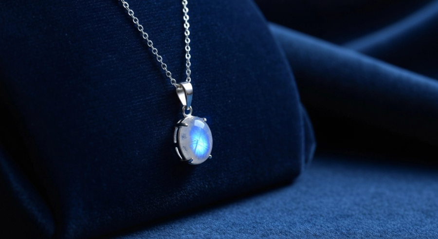Moonstone pendant necklace on silver chain with blue adularescence glow