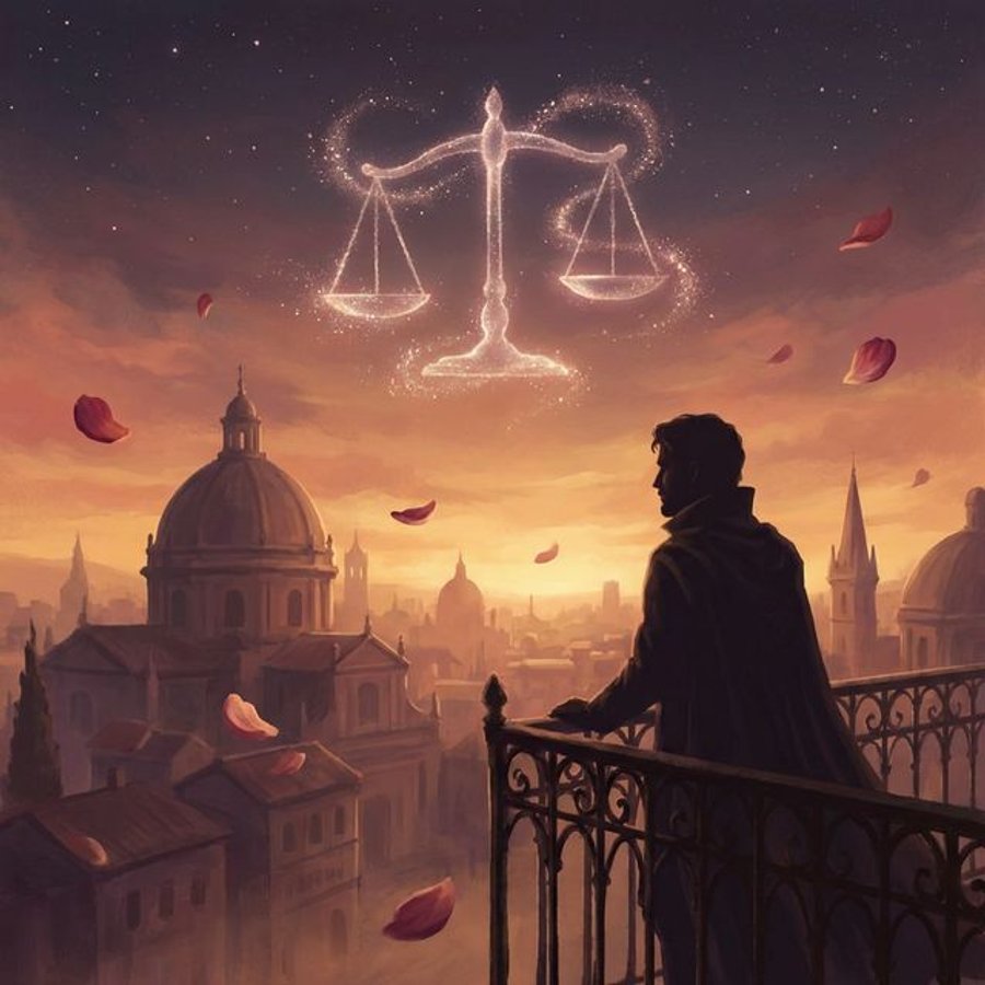 Libra man in love depicted with balanced scales and Venus rose petals in romantic celestial setting
