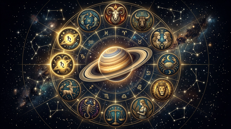 Saturn surrounded by twelve zodiac signs with Capricorn and Aquarius highlighted as ruling signs