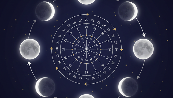 Иллюстрация лунного цикла с фазами Луны и календарной сеткой месяца, стрелки показывают естественный ритм
