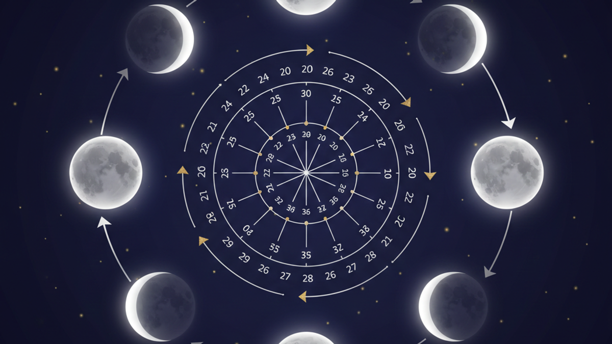 Иллюстрация лунного цикла с фазами Луны и календарной сеткой месяца, стрелки показывают естественный ритм