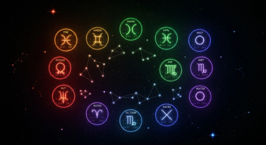 Cosmic calendar showing 12 months with zodiac element colors for birthday horoscope lookup