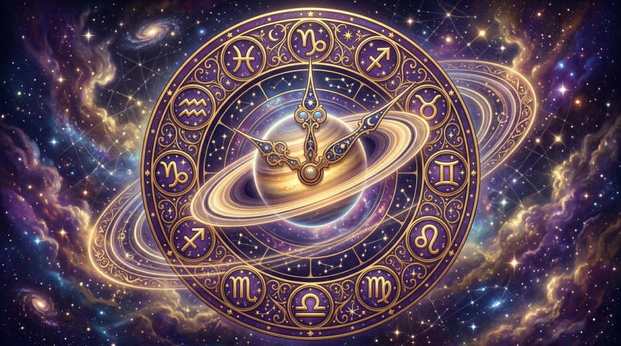 Cosmic clock with zodiac signs and Saturn at center representing the 29-year cycle