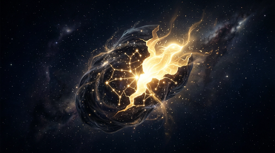 Cosmic chrysalis cracking open with golden light representing transformation through pain