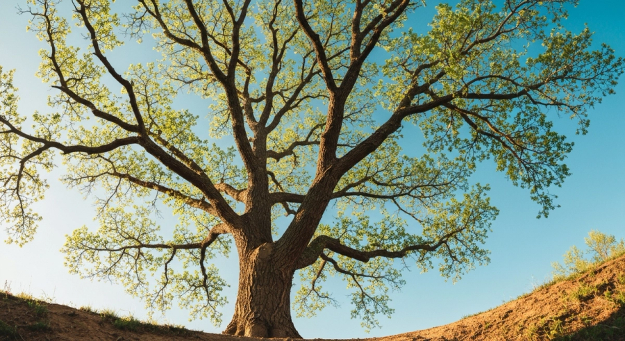 Крепкое дерево с глубокими корнями на скалистой почве - стойкость после Саде Сати