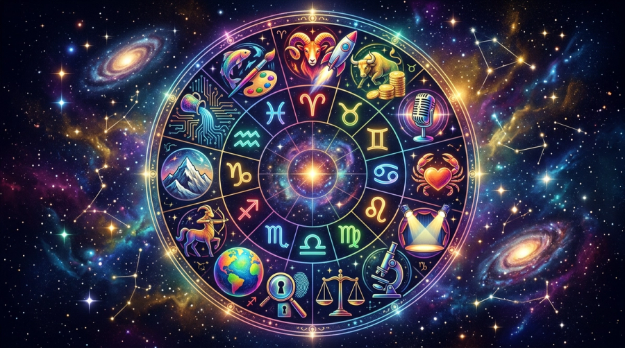 Zodiac signs with career paths and professional icons for each astrological sign