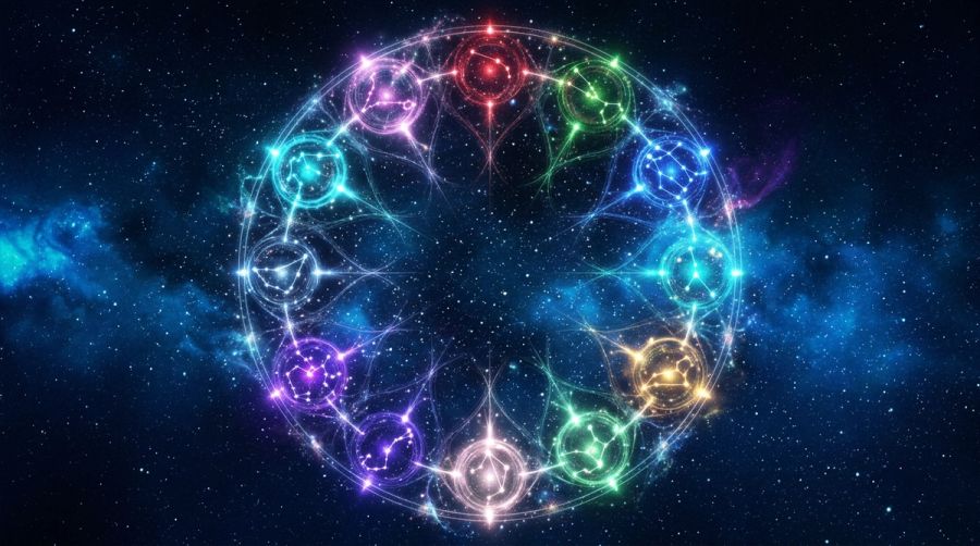 Cosmic zodiac wheel of twelve glowing constellation nodes representing different kinds of intelligence