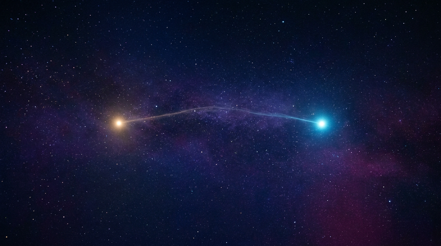 Two distant stars, one gold and one cyan, slowly moving toward each other across a starry night sky