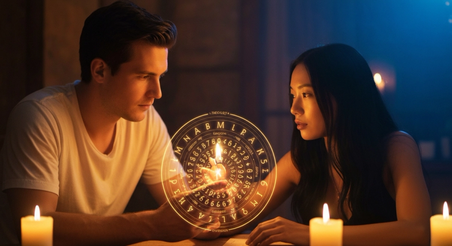 Пара изучает нумерологическую таблицу совместимости имён при свечах