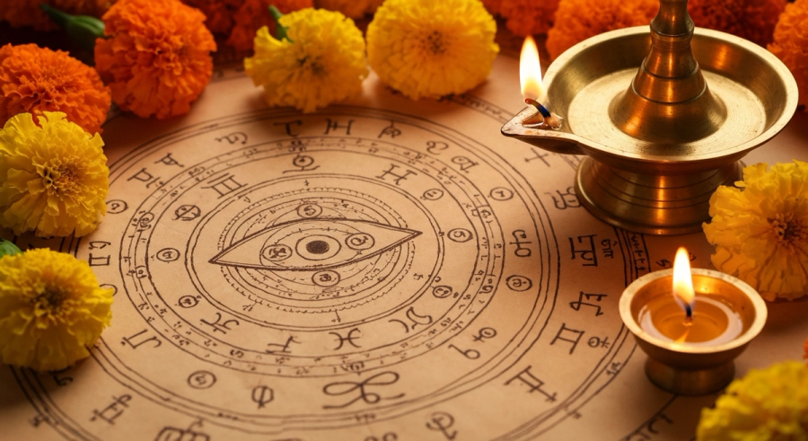 Ancient Indian manuscript with astrological symbols and eye diagrams surrounded by marigold flowers