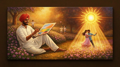 5th house astrology golden stage with theatrical curtains painter easel and romantic couple dancing under Sun spotlight