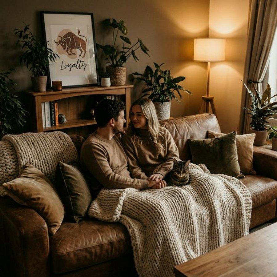 Taurus in love illustration showing devoted partnership, physical affection, and the security-focused nature of this Venus-ruled sign