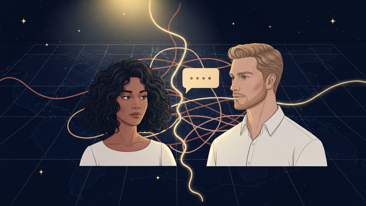 A couple separated by tangled ribbons of speech and light