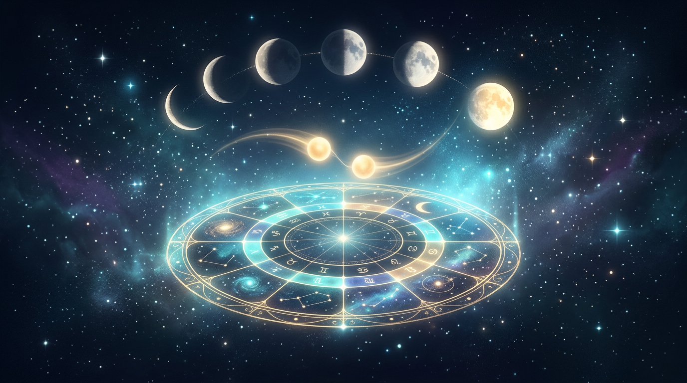 Celestial calendar wheel with lunar phases and two converging lights showing good days to get married by astrology