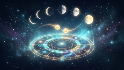 Celestial calendar wheel with lunar phases and two converging lights showing good days to get married by astrology