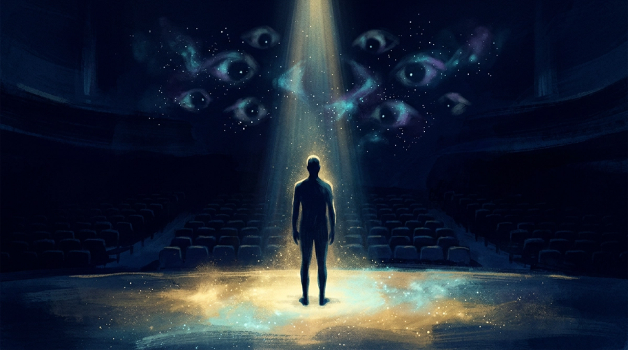 Solitary figure under cosmic spotlight watched by starlit eyes representing imposter syndrome and fear of visibility