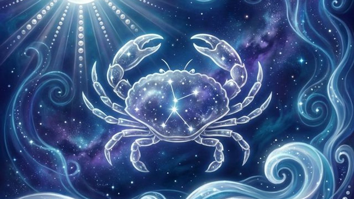 July 13 zodiac sign Cancer crab constellation with full Moon and cosmic ocean waves in celestial setting