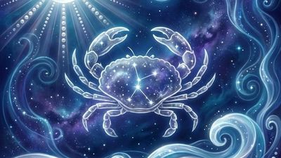 July 13 zodiac sign Cancer crab constellation with full Moon and cosmic ocean waves in celestial setting
