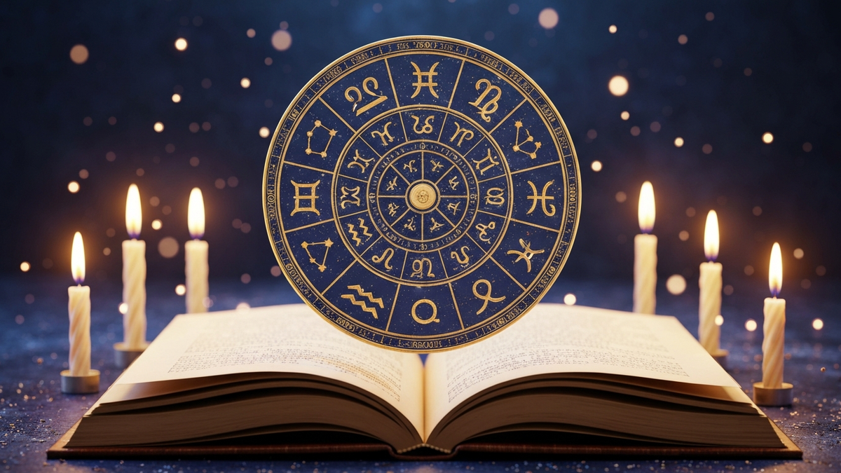 Birthday horoscope zodiac wheel with candles and cosmic stardust showing astrology by birth date