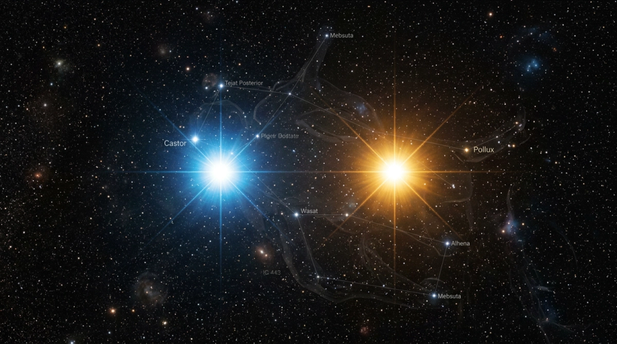 Castor and Pollux — the twin stars of Gemini constellation, one mortal gold, one immortal blue-white