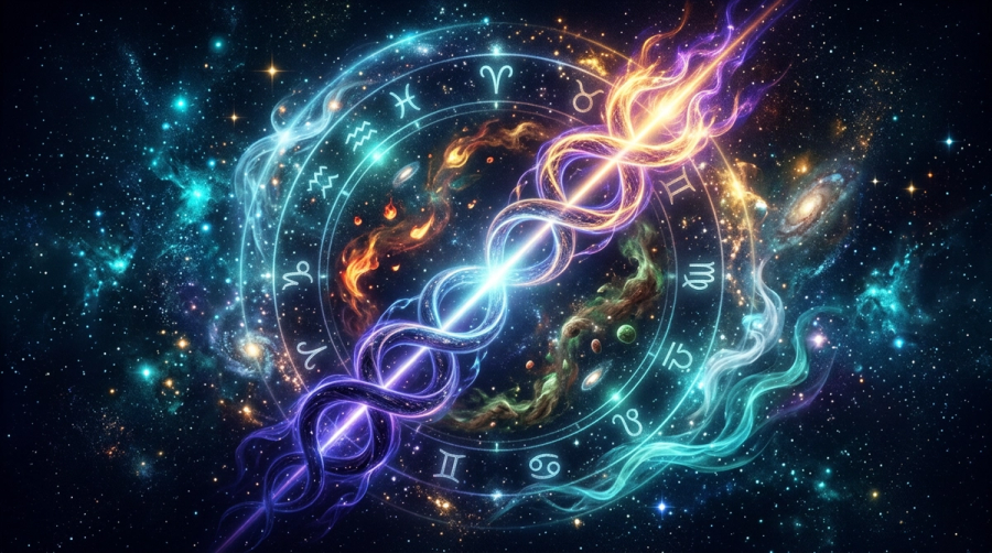 A glowing diagonal node axis crossing a zodiac wheel with fire, earth, air and water elements