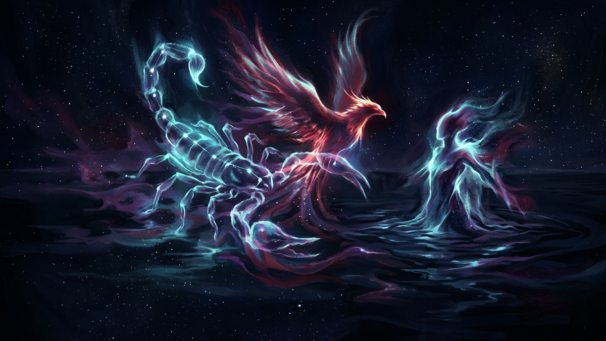 Cosmic scorpion constellation overlapping a phoenix in deep waters with a second luminous figure for scorpio soulmate compatibility
