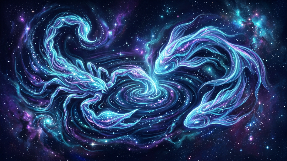 Cosmic scorpion and fish forms merging as luminous water currents for scorpio pisces astrology compatibility